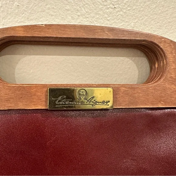 Etienne Aigner Vintage Leather Wooden Elegant Red Clutch Handbag - Picture 7 of 11